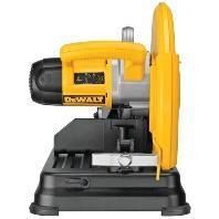 Sierra de corte DeWalt amarilla con base y protector negros, mostrada en vista lateral.
