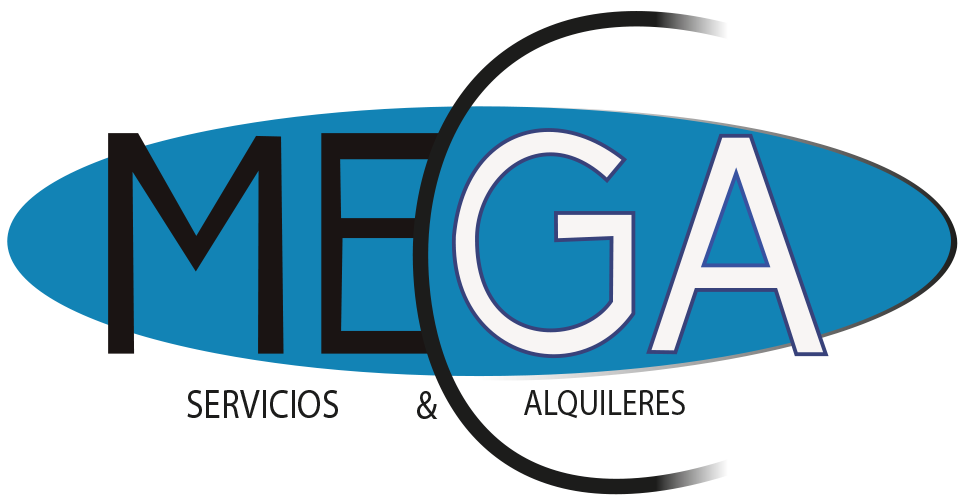 A blue and white logo for mega servicios & alquileres