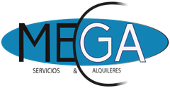 A blue and white logo for mega servicios & alquileres