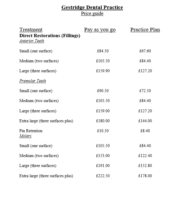 Gestride Dental Practice Dental price guide