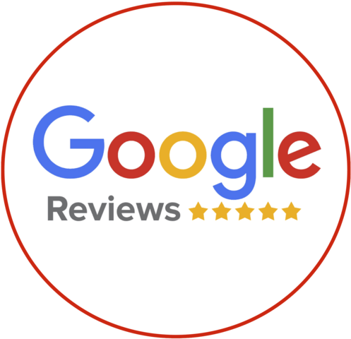 The google reviews logo is in a red circle on a white background.