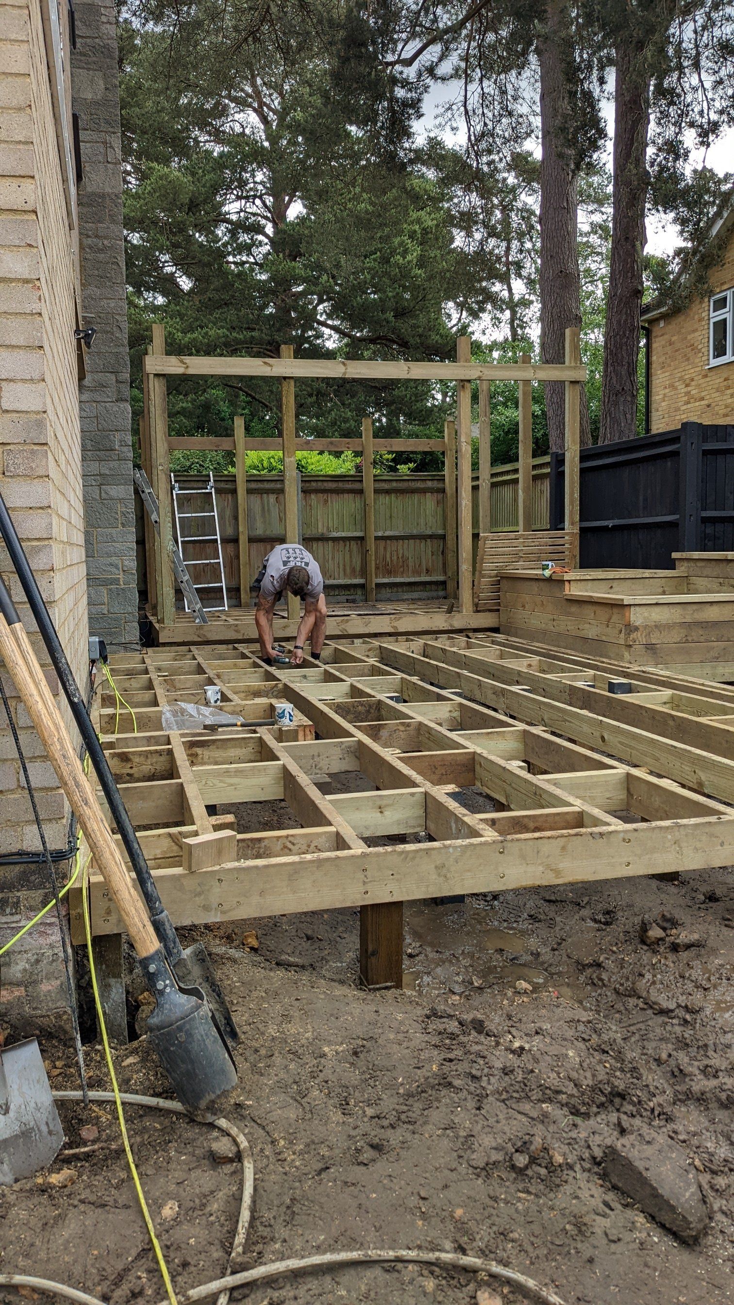 Decking at the side of a house in large garden
