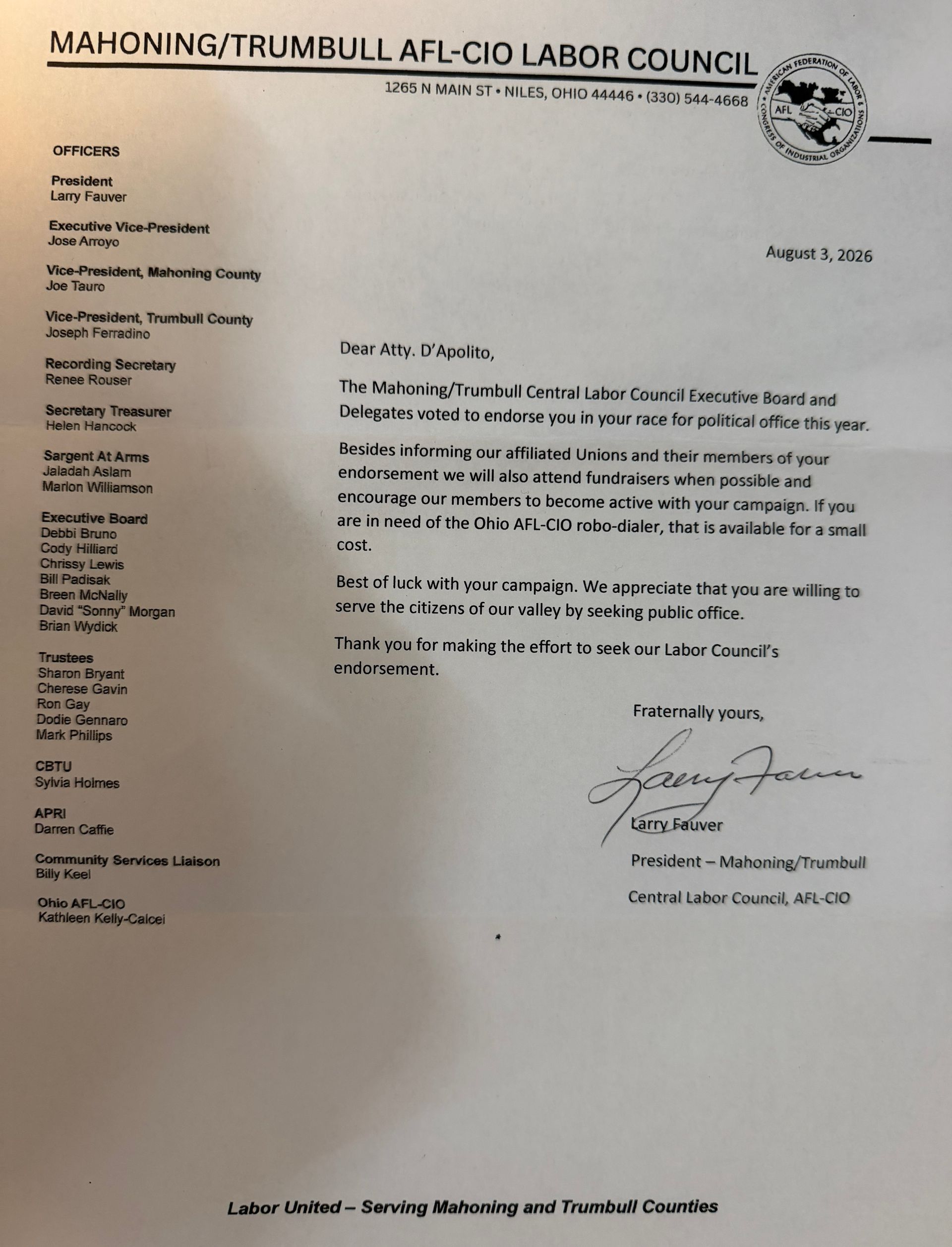 Mahoning Trumbull AFL-CIO Labor Council Endorsement of Mark D'Apolito for Mahoning County Common Pleas Judge