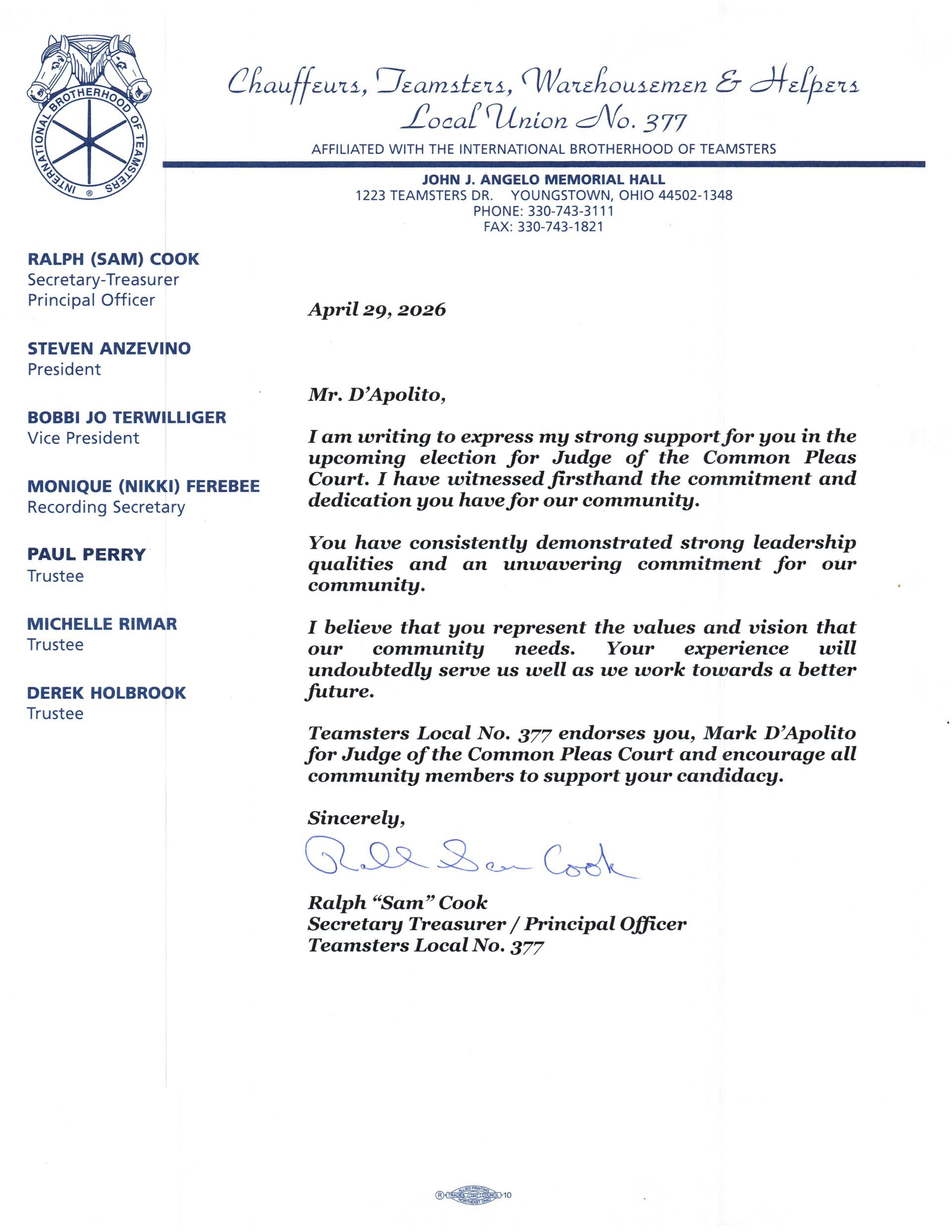 Teamsters Local 377 Endorsement Mark D'Apolito for Mahoning County Common Pleas Judge