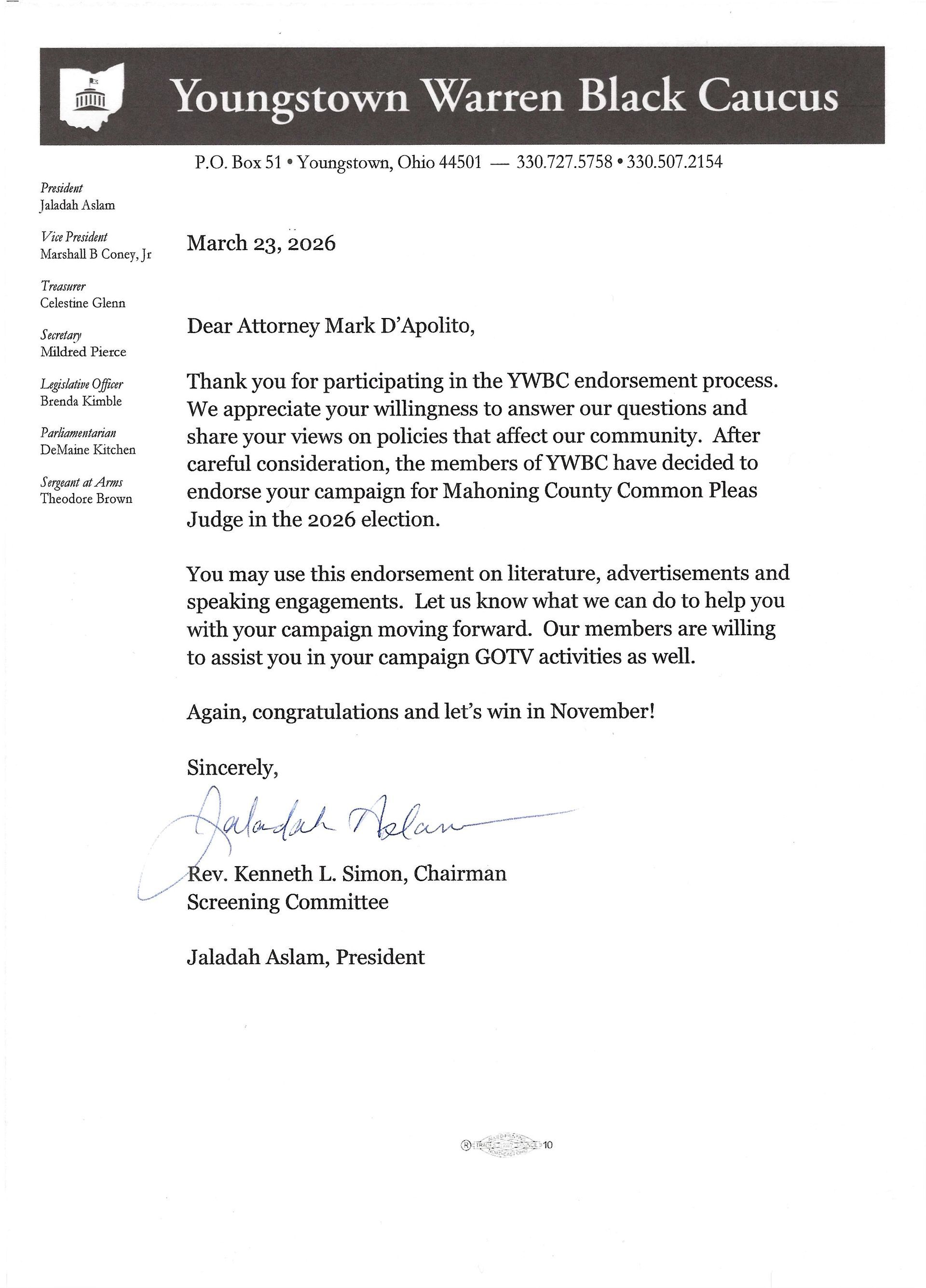 Youngstown Warren Black Caucus Endorsement Mark D'Apolito for Mahoning County Common Pleas Judge