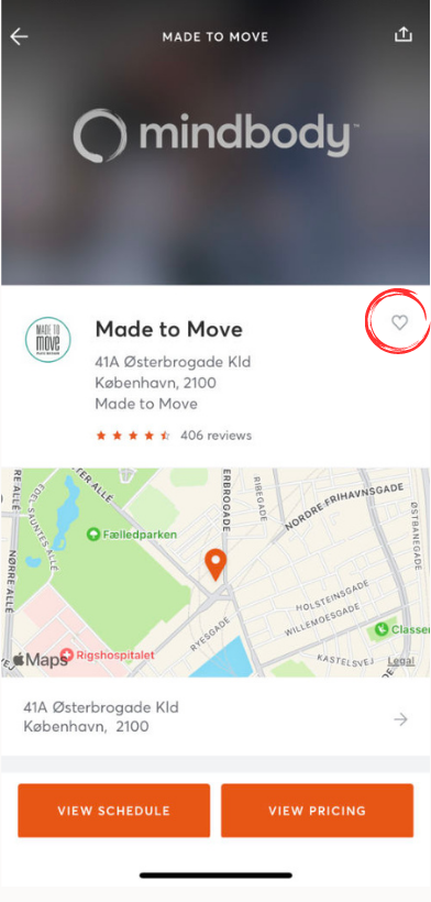 A screenshot of the mindbody app on a phone
