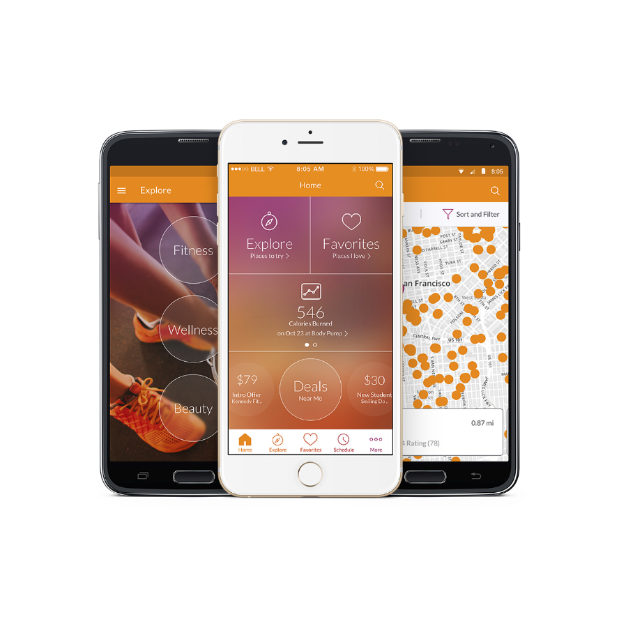 Three phones are displaying different apps on their screens.