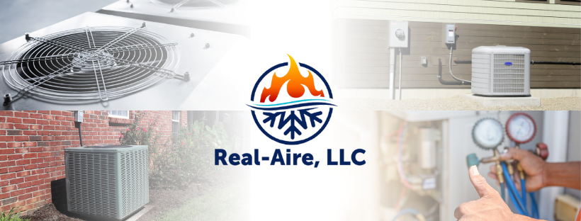 Real-Aire, LLC HVAC collage with logo, fan, outdoor unit, ducts, and technician inspecting gauges