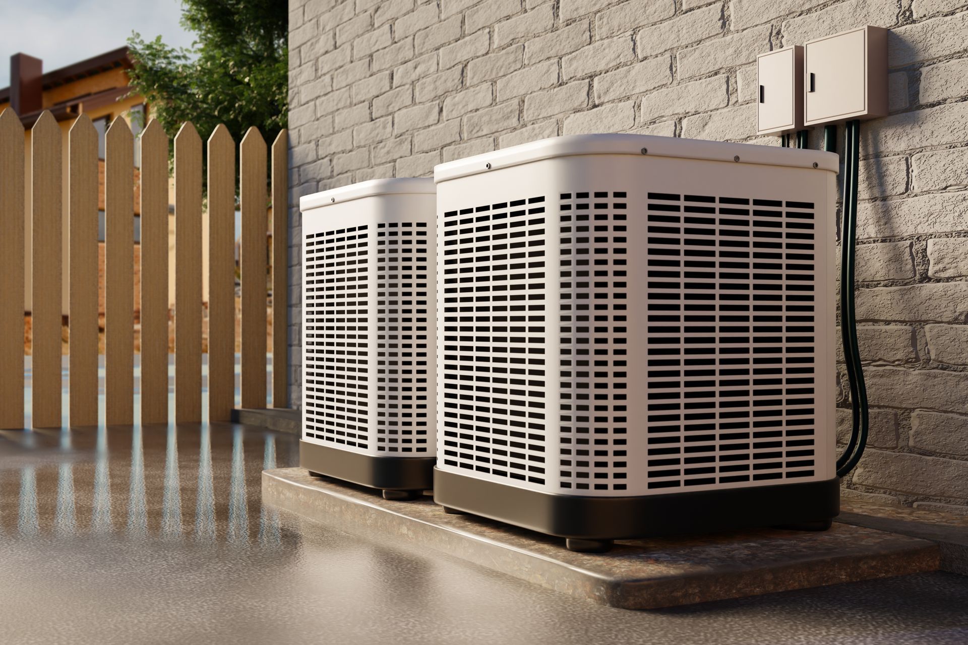 Two beige outdoor HVAC units beside a brick wall and wooden fence, with water reflecting on the pavement