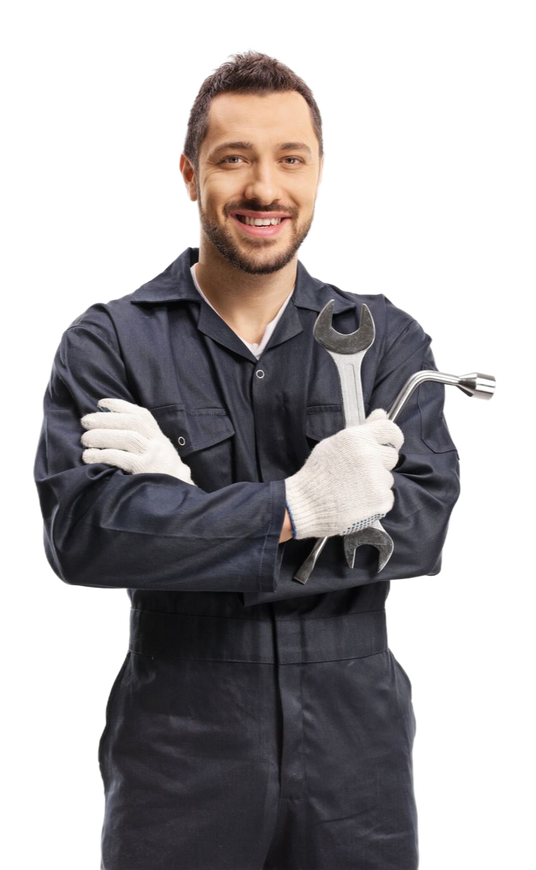 Mechanic in dark coveralls holding a wrench, wearing white gloves, smiling on a white background