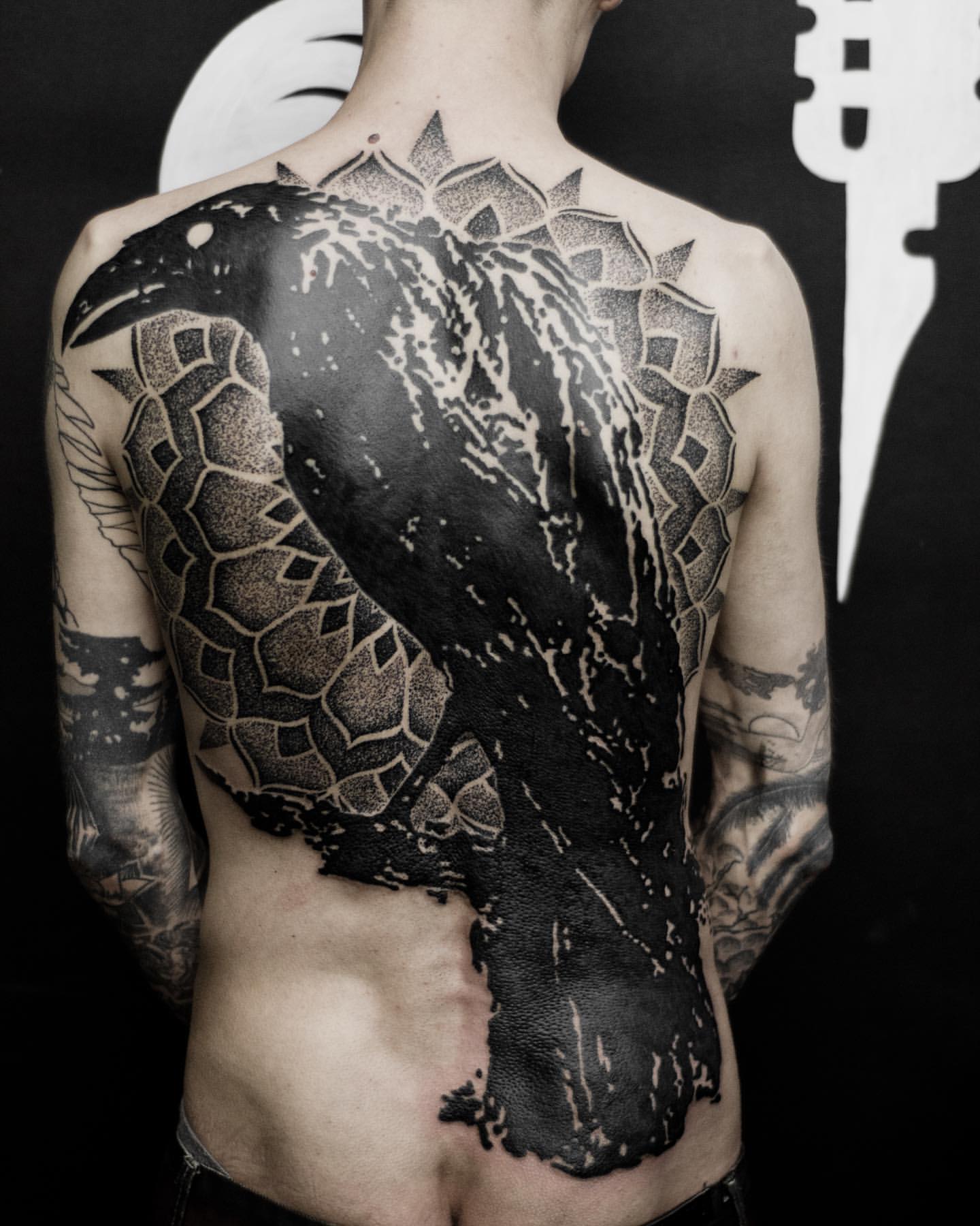 Crow and Geometric Dotwork Tattoo by Lex at Black Gold Tattoo Co in Edmonton Alberta Canada