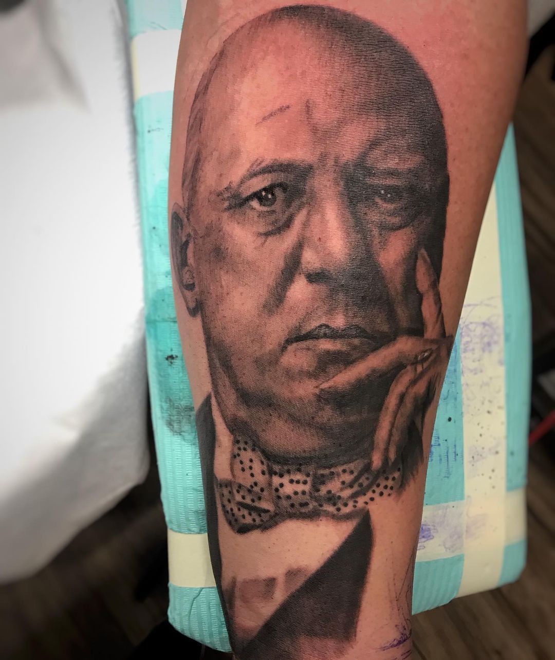 Aleister Crowley Portrait Tattoo by Alan Coates at Black Gold Tattoo Co in Edmonton Alberta Canada