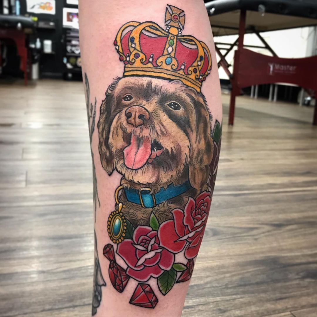 Dog Portrait and Floral Tattoo by Jess Alther at Black Gold Tattoo Co in Edmonton Alberta Canada