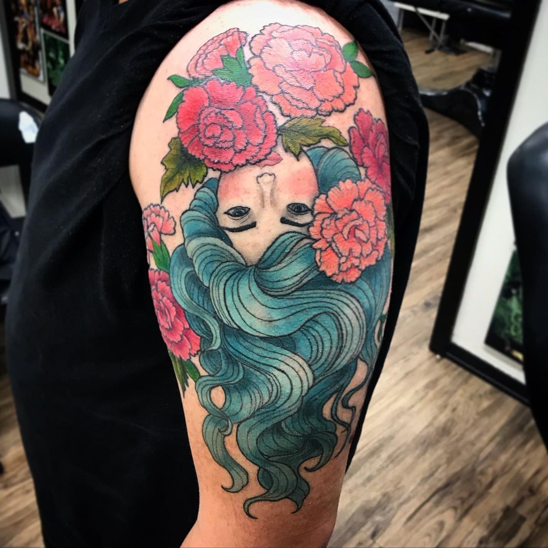 Lady and Floral Tattoo by Jess Alther at Black Gold Tattoo Co in Edmonton Alberta Canada