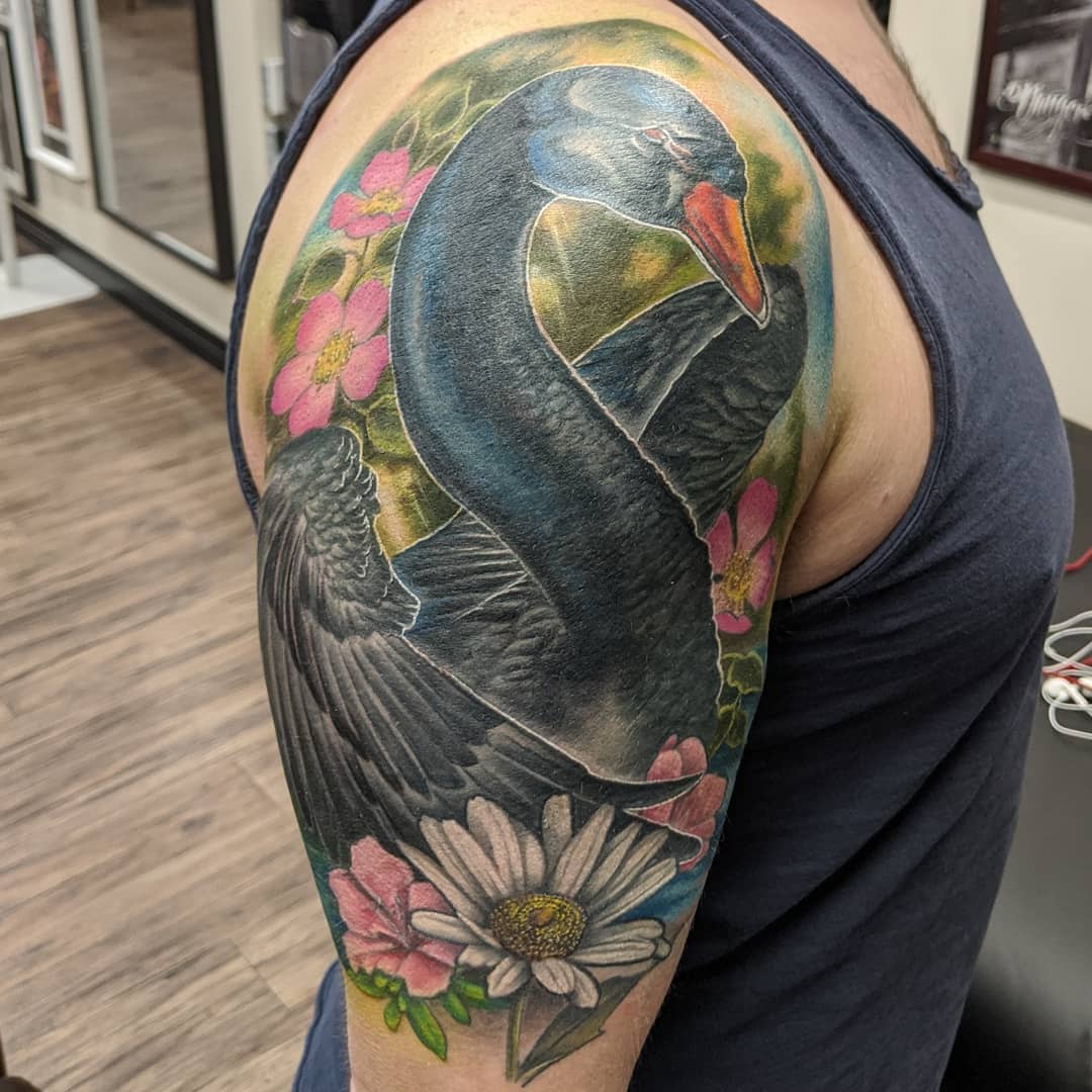 Black Swan Tattoo by Kevin Sherritt at Black Gold Tattoo Co in Edmonton Alberta Canada