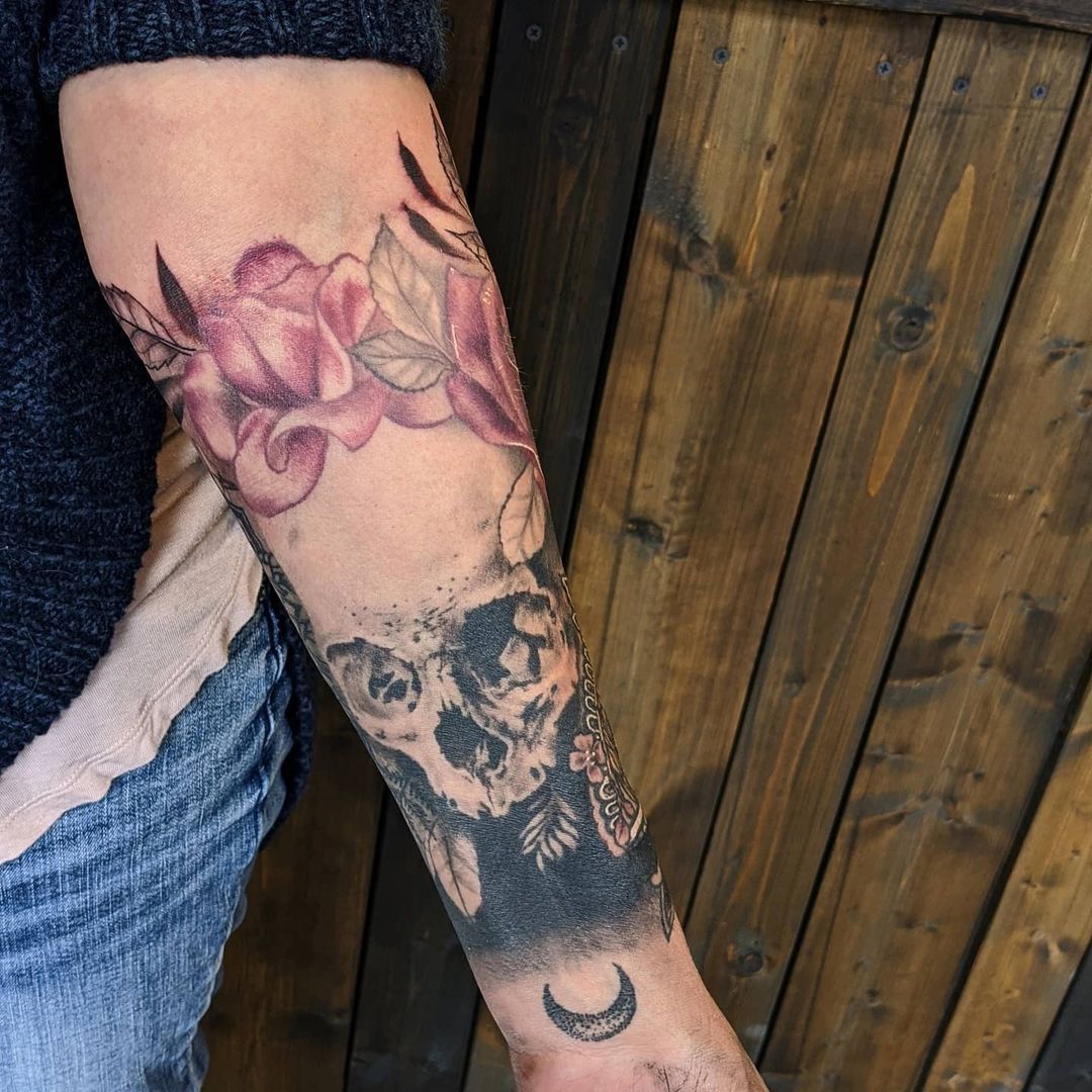 Skull and Floral Tattoo by Amber Strange at Black Gold Tattoo Co in Edmonton Alberta Canada