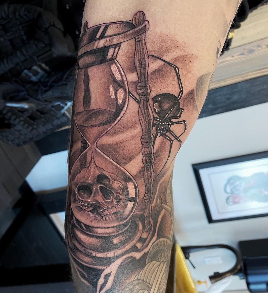 Hourglass and Black Widow Tattoo by Chad Lavers at Crimson Empire Tattoo in Edmonton Alberta Canada