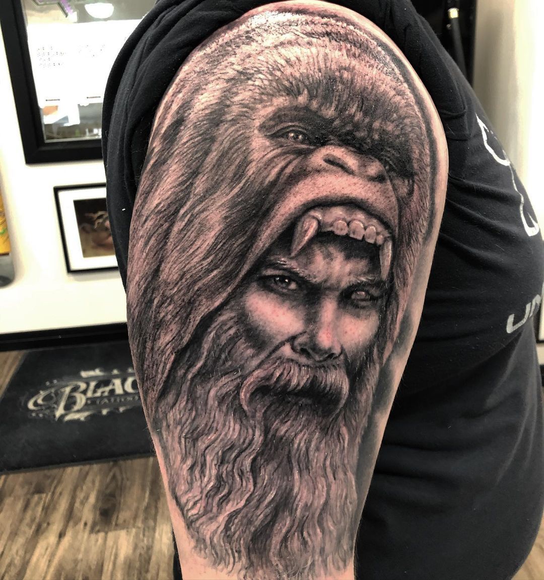 Hunter with Gorilla Tattoo Headdress by Steve Hayes at Black Gold Tattoo Co in Edmonton Alberta Canada