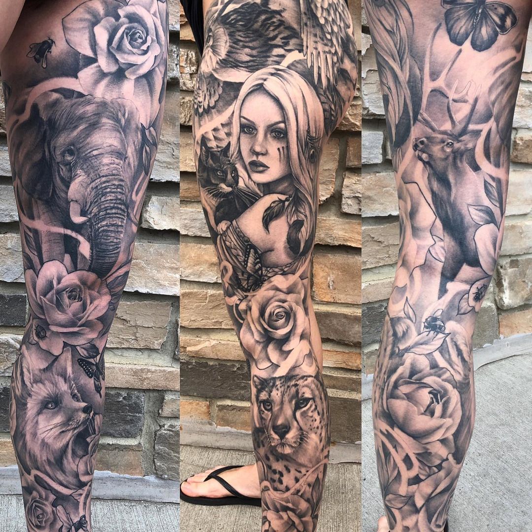 Wildlife and Floral Leg Sleeve by Sarah Michelle at Black Gold Tattoo Co in Edmonton Alberta Canada