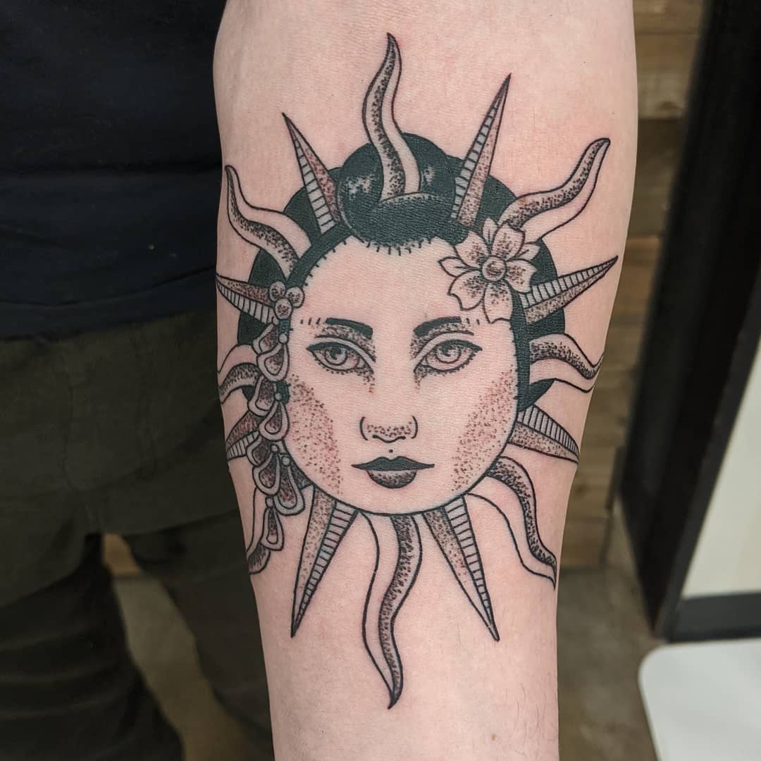 Geisha Sun Tattoo by Sheila Anderson at Crimson Empire Tattoo in Edmonton Alberta Canada