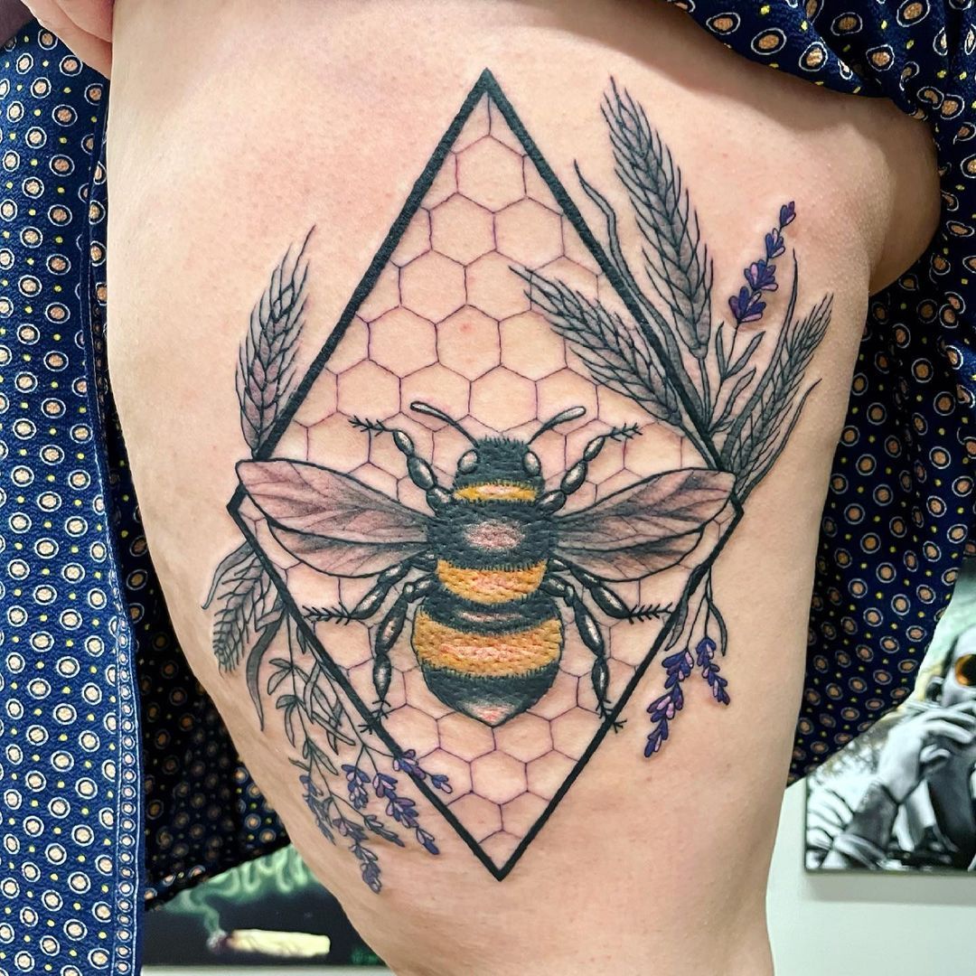 Bee and Geometric Tattoo by Jess Alther at Black Gold Tattoo Co in Edmonton Alberta Canada