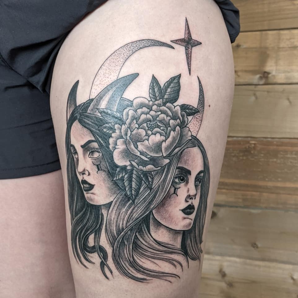 Gemini Ladies Tattoo by Sheila Anderson at Crimson Empire Tattoo in Edmonton Alberta Canada