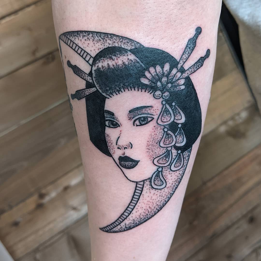 Geisha Moon Tattoo by Sheila Anderson at Crimson Empire Tattoo in Edmonton Alberta Canada