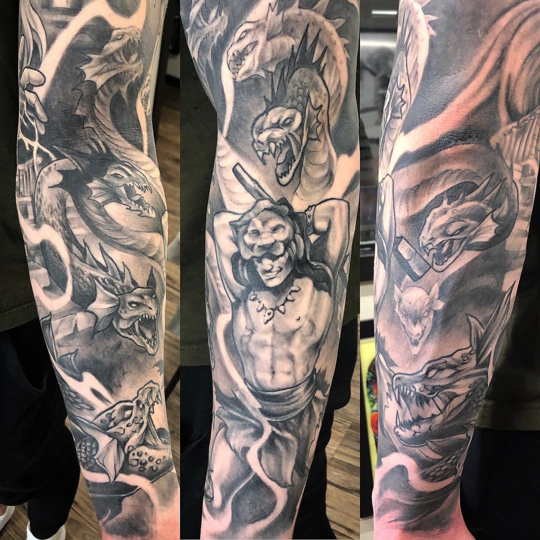 Hydra and Barbarian Tattoo by Sarah Michelle at Black Gold Tattoo Co in Edmonton Alberta Canada