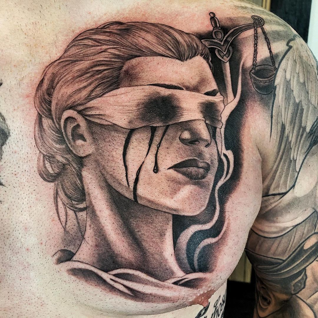 Blind Justice Tattoo by Chad Lavers at Crimson Empire Tattoo in Edmonton Alberta Canada