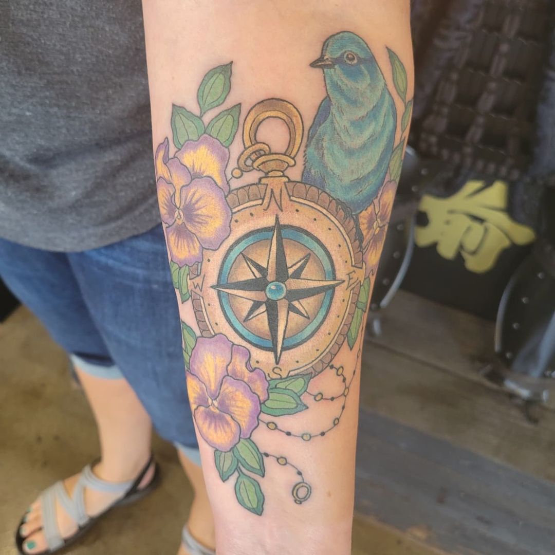 Compass, Bird and Floral Tattoo by Sheila Anderson at Crimson Empire Tattoo in Edmonton Alberta Canada