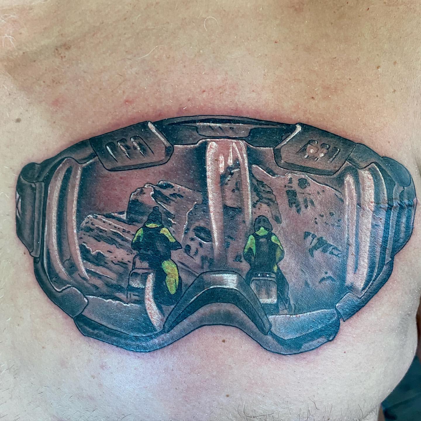 Snowmobile Goggles Tattoo by Dale Moostoos at Crimson Empire Tattoo in Edmonton Alberta Canada