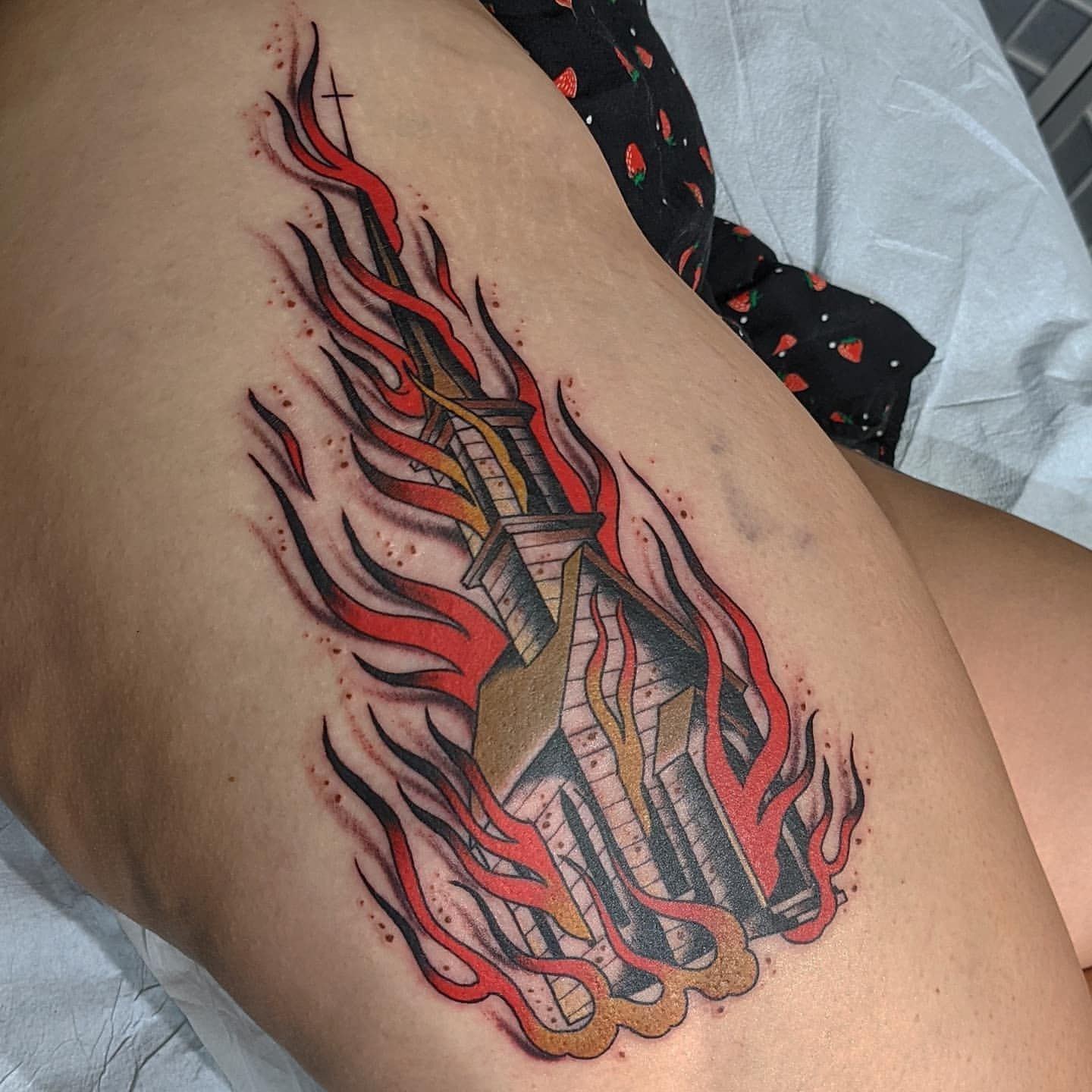 Burning Church Tattoo Chris Benson at Silver Ghost Tattoo in Edmonton Alberta Canada