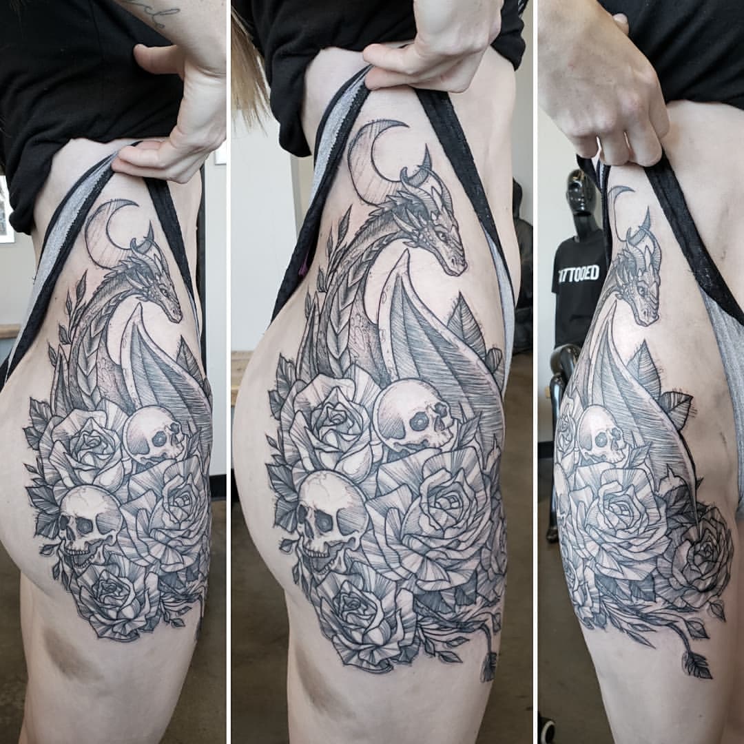 Dragon, Skulls and Roses Tattoo by Adrienne Alexander at Crimson Empire Tattoo in Edmonton Alberta Canada