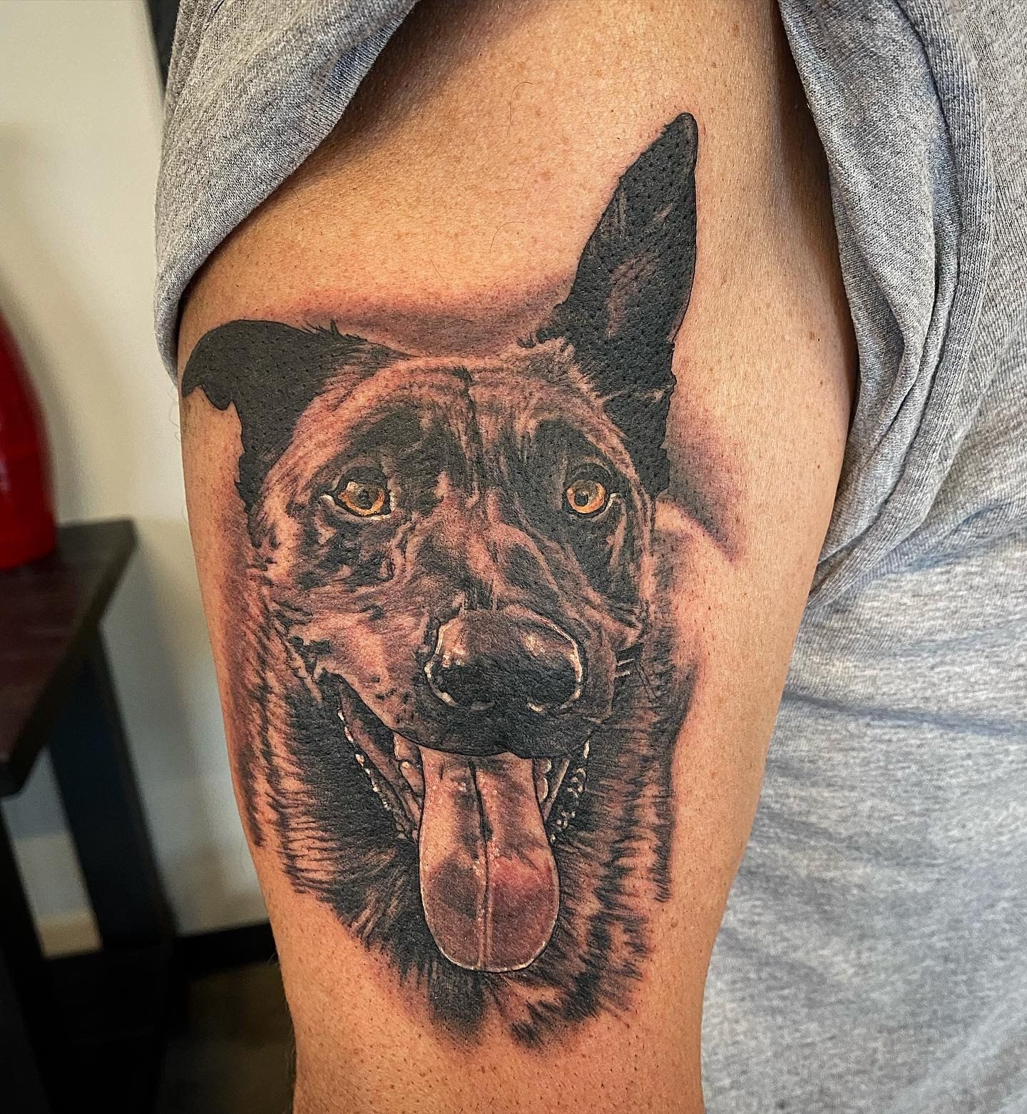 Dog Portrait Tattoo by Dale Moostoos at Crimson Empire Tattoo in Edmonton Alberta Canada