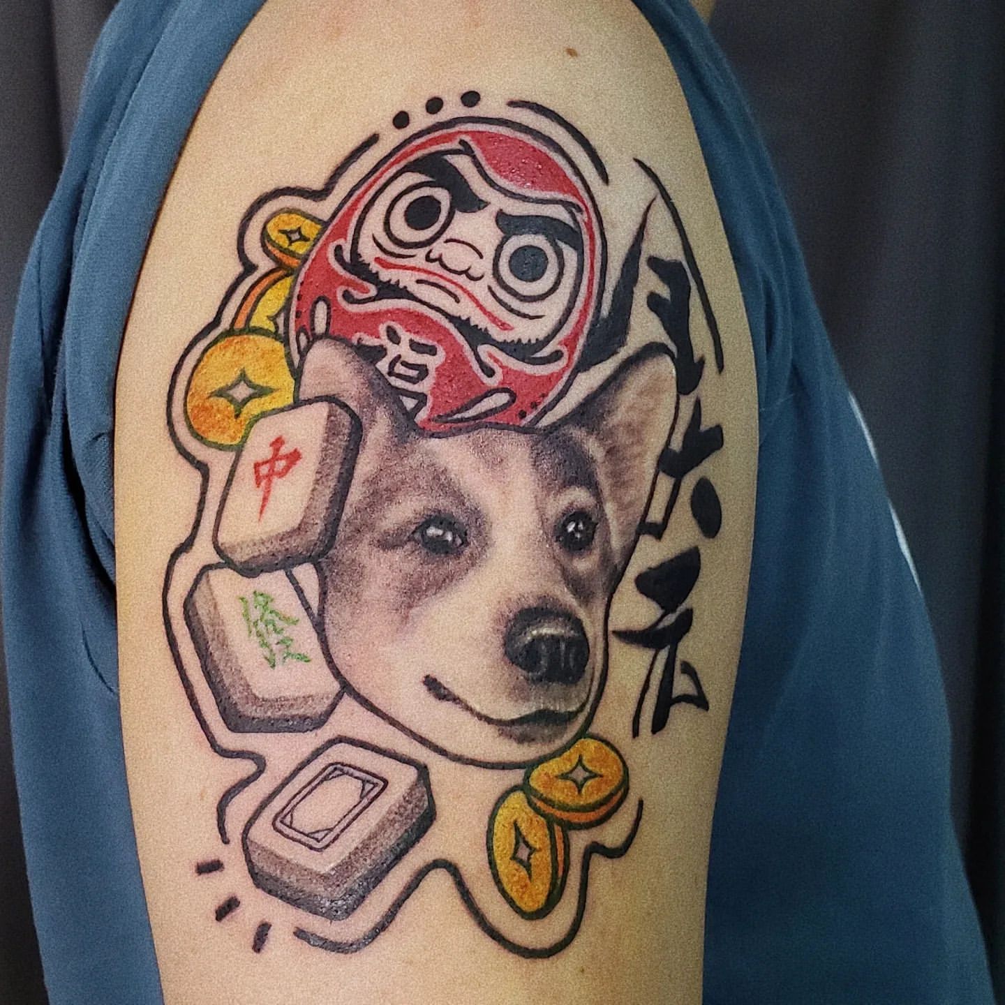 Dog and Mahjong Tattoo by Ian Wang at Black Gold Tattoo Co in Edmonton Alberta Canada
