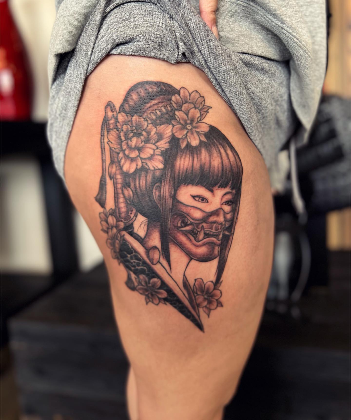 Samurai Girl with Half Mask Tattoo by Vinny Nguyen at Crimson Empire Tattoo in Edmonton Alberta Canada