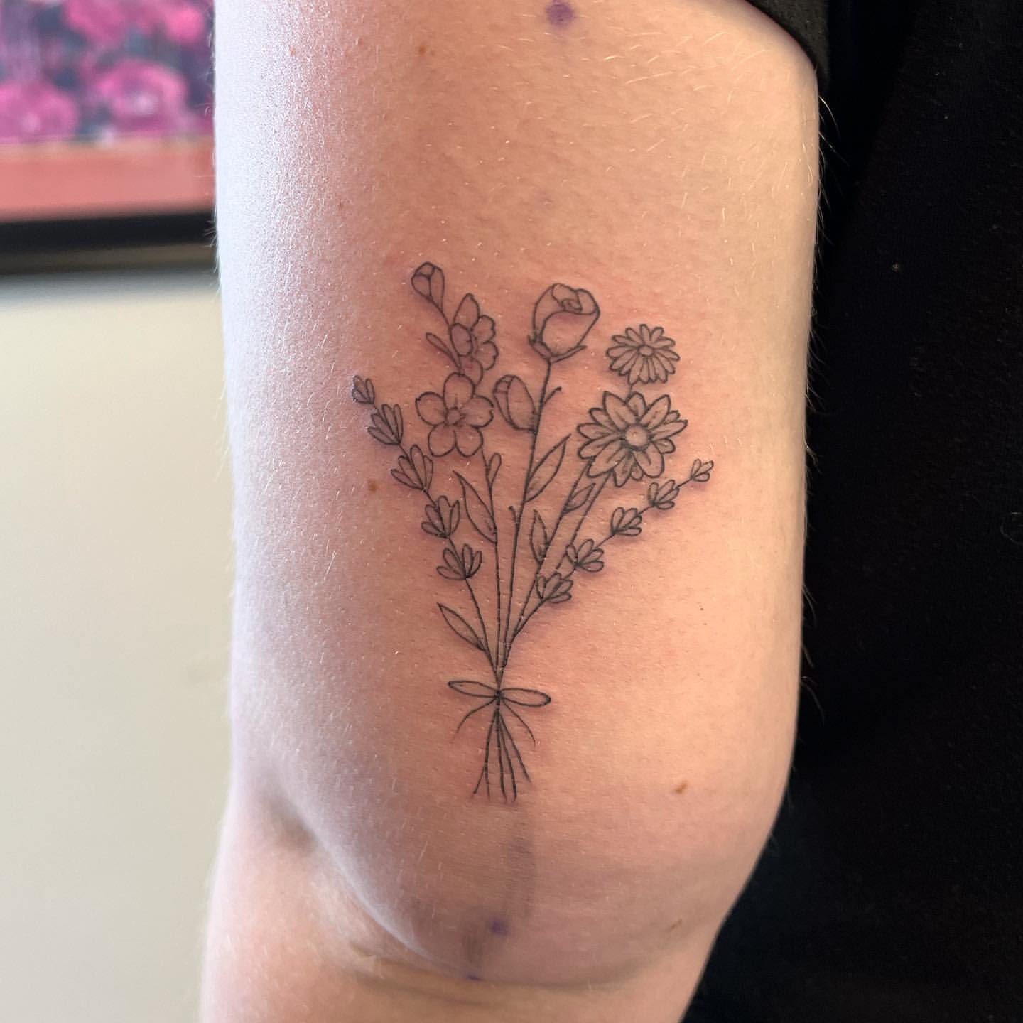 Fine Line Floral Bouquet Tattoo by Vinny Nguyen at Crimson Empire Tattoo in Edmonton Alberta Canada