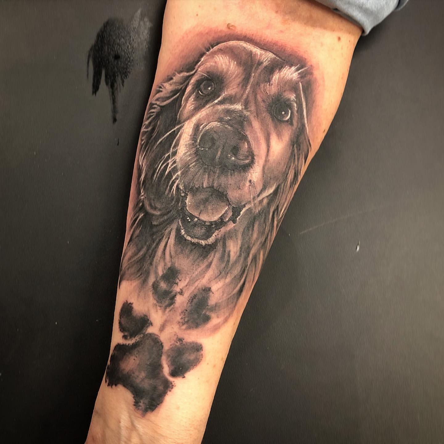 Dog Portrait and Paw Print Tattoo by Sarah Michelle at Crimson Empire Tattoo in Edmonton Alberta Canada