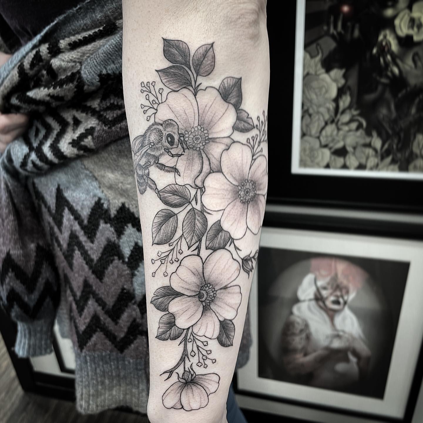 Floral and Bee Tattoo by Jess Alther at Black Gold Tattoo Co in Edmonton Alberta Canada