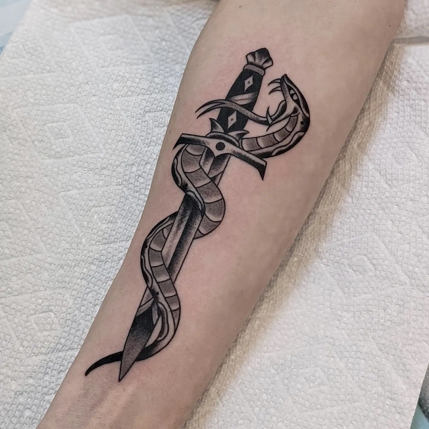 Snake and Dagger Tattoo Chris Benson at Silver Ghost Tattoo in Edmonton Alberta Canada