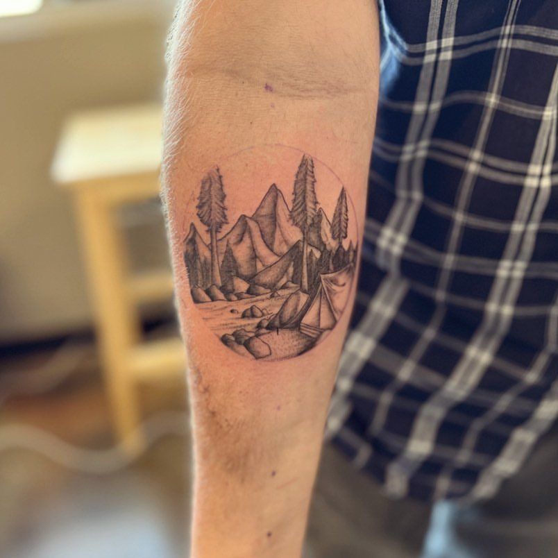 Camp Scenery Tattoo by Vinny Nguyen at Crimson Empire Tattoo in Edmonton Alberta Canada