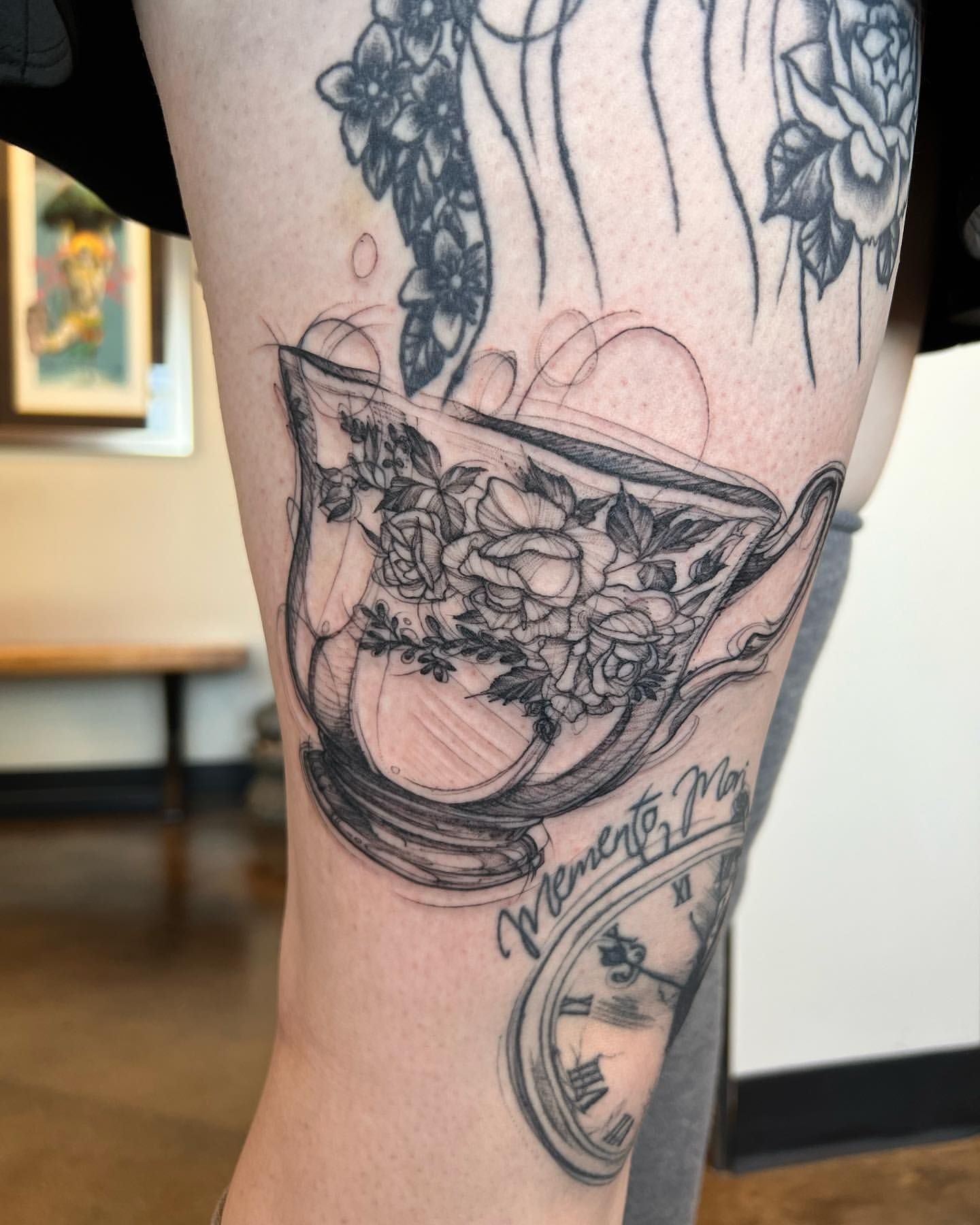 Teacup Tattoo by Adrienne Alexander at Silver Ghost Tattoo in Edmonton Alberta Canada