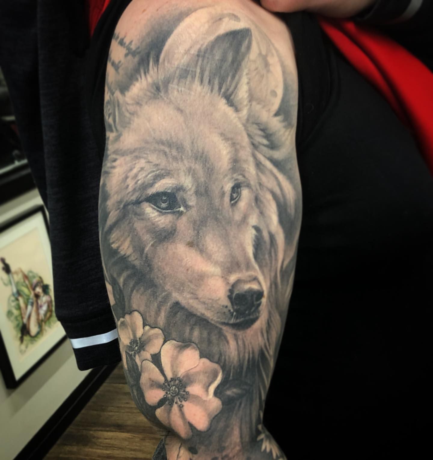 Wolf and Floral Tattoo by Sarah Michelle at Crimson Empire Tattoo in Edmonton Alberta Canada