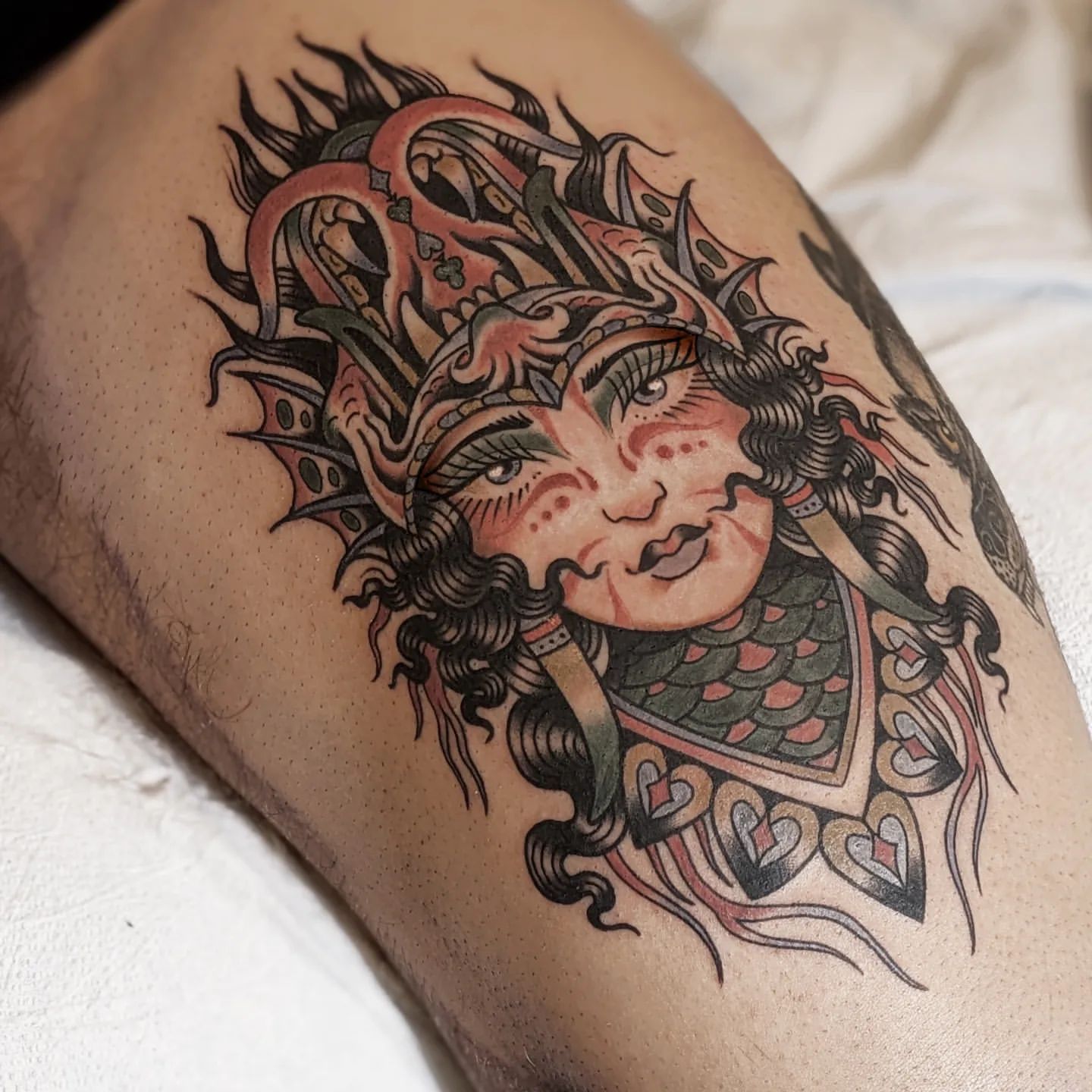 Devil and Girl Face Tattoo Chris Benson at Silver Ghost Tattoo in Edmonton Alberta Canada