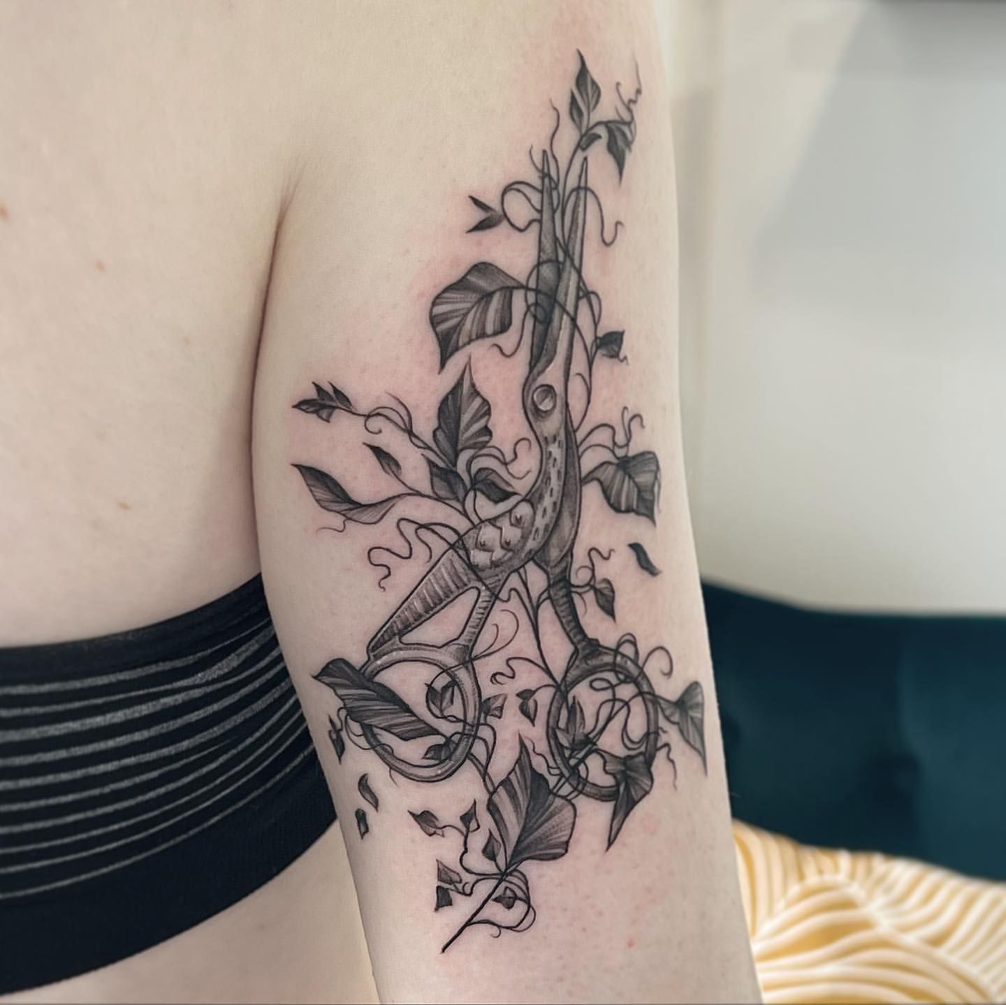 Scissors and Floral Tattoo by Adrienne Alexander at Silver Ghost Tattoo in Edmonton Alberta Canada