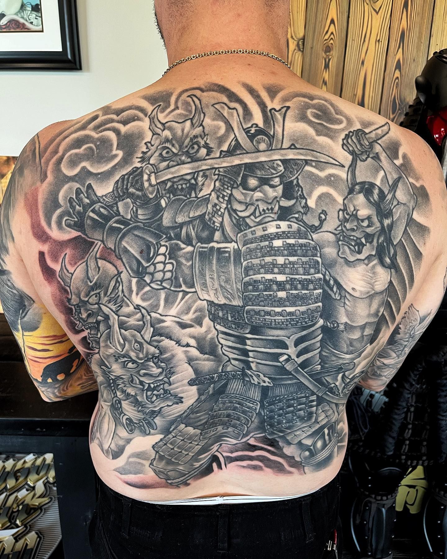 Samurai and Oni Backpiece by Chad Lavers at Crimson Empire Tattoo in Edmonton Alberta Canada