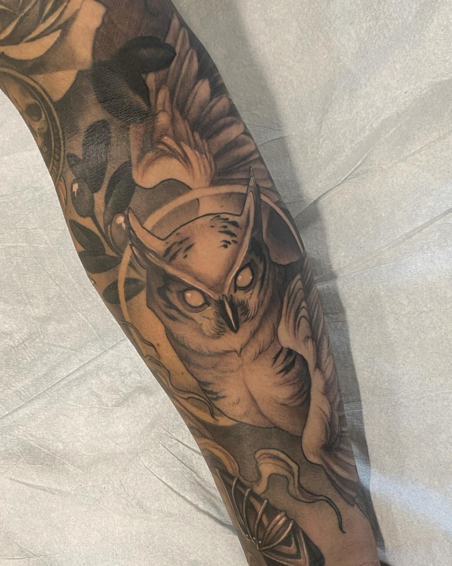 Owl Tattoo by Sasha Day at Crimson Empire Tattoo in Edmonton Alberta Canada