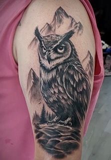 Owl and Mountains Tattoo by Toby Shipman at Silver Ghost Tattoo in Edmonton Alberta Canada