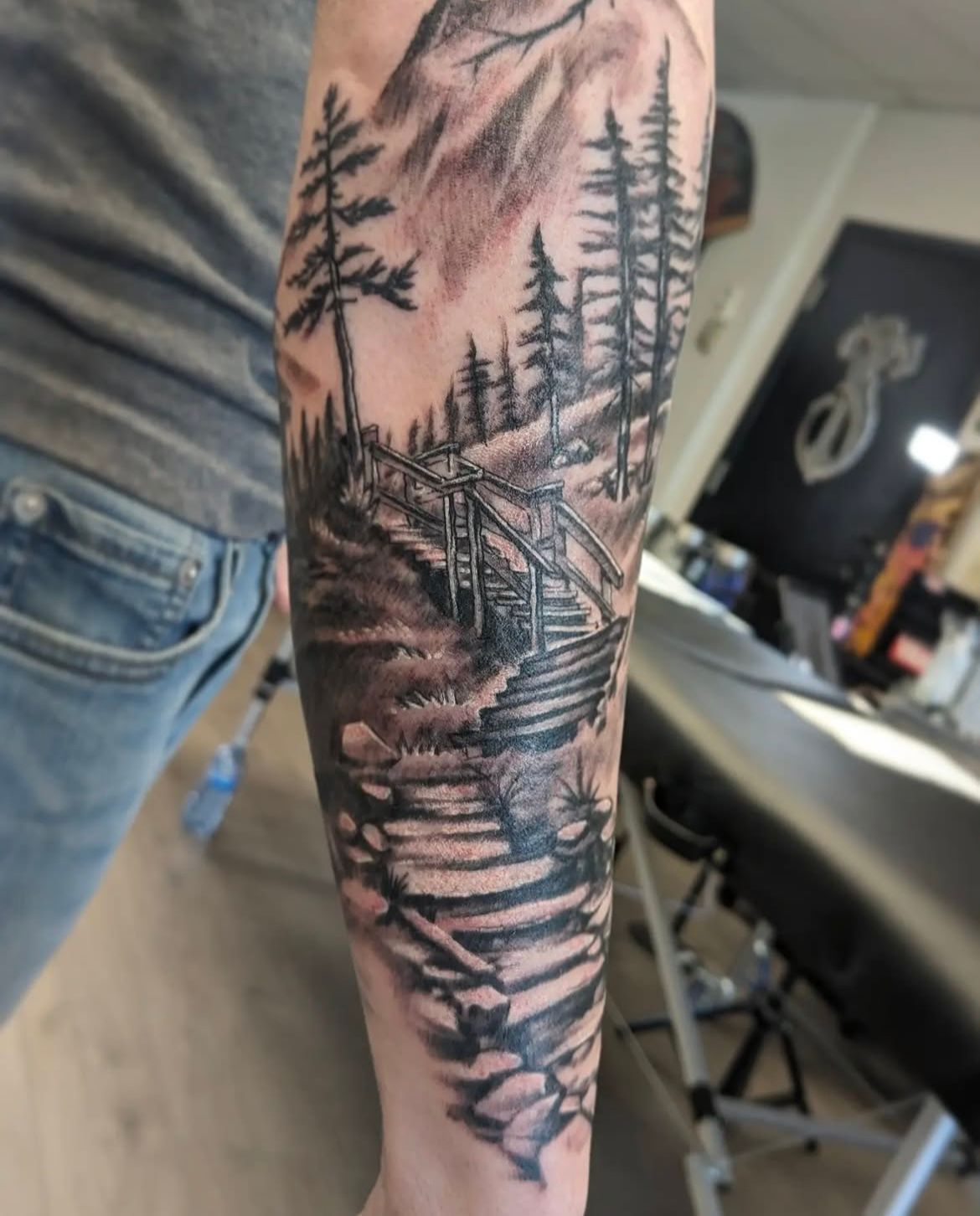 Mountain Walking Trail Tattoo by Toby Shipman at Silver Ghost Tattoo in Edmonton Alberta Canada