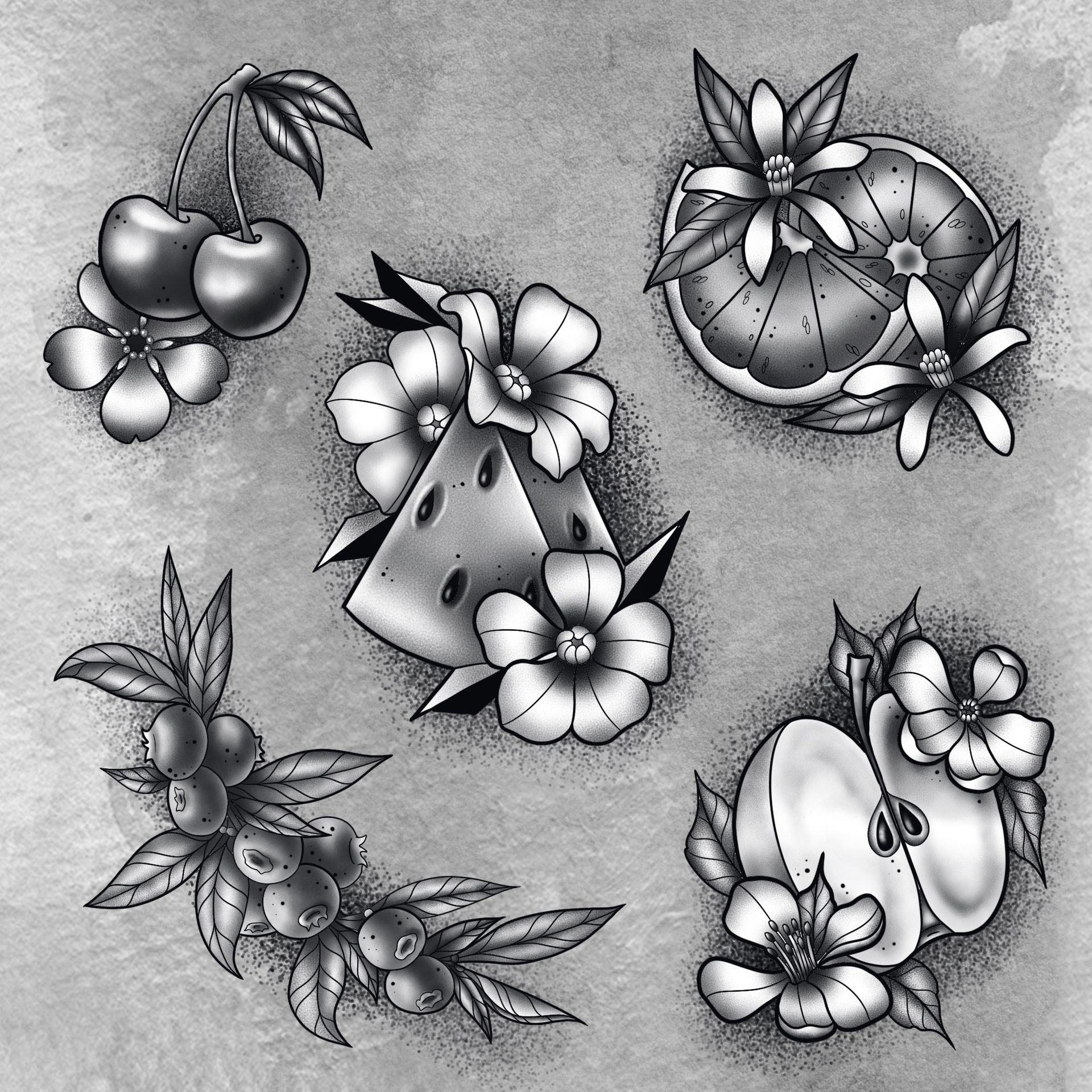 Fruit and Floral Flash Design by Samantha Hnatiw at Crimson Empire Tattoo in Edmonton Alberta Canada